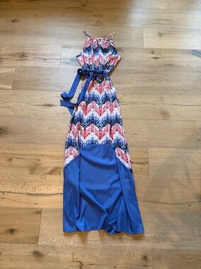 YA LOS ANGELES Pink, Blue & White Patterned Halter Maxi Dress with Sash